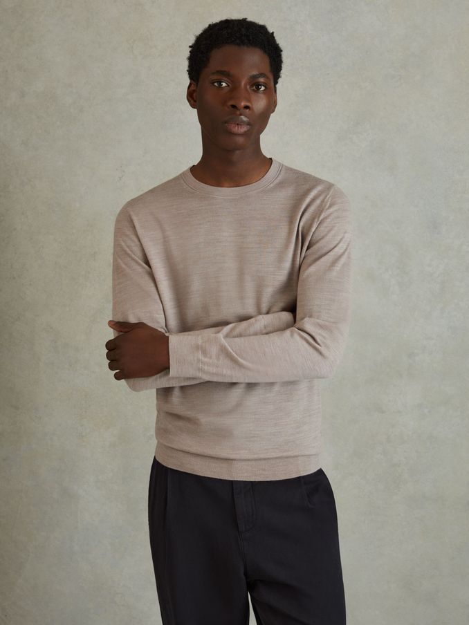 Merino Wool Crew Neck Jumper in Wheat Melange (B24950) | US$95