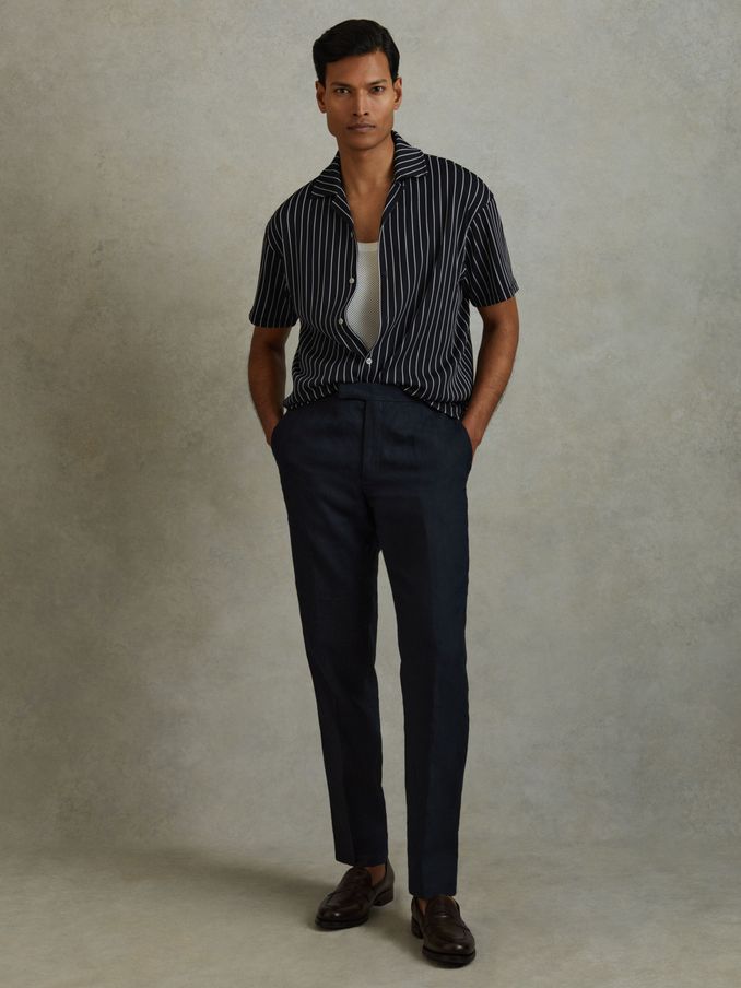 Ribbed Striped Cuban Collar Shirt in Navy/White (B25842) | $108