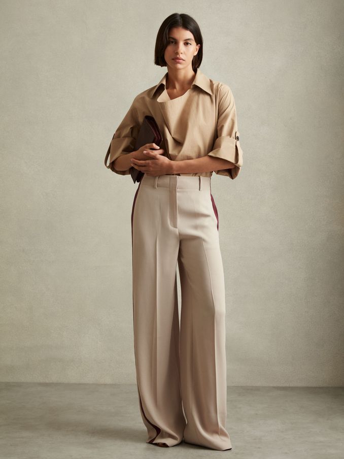 Cotton Blend Collared Cowl Neck Shirt in Stone (B26646) | US$66