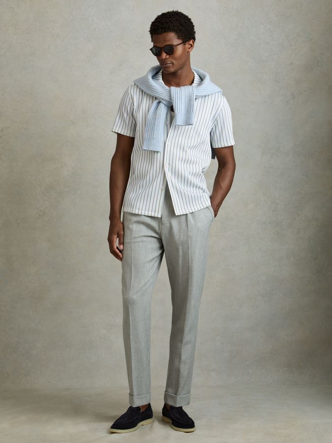 Ribbed Striped Cuban Collar Shirt in White/Soft Blue (B26850) | €62