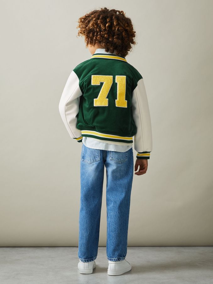 9-13 yrs Hybrid Cord-Faux Leather Varsity Bomber Jacket in Forest Green (B26959) | €78