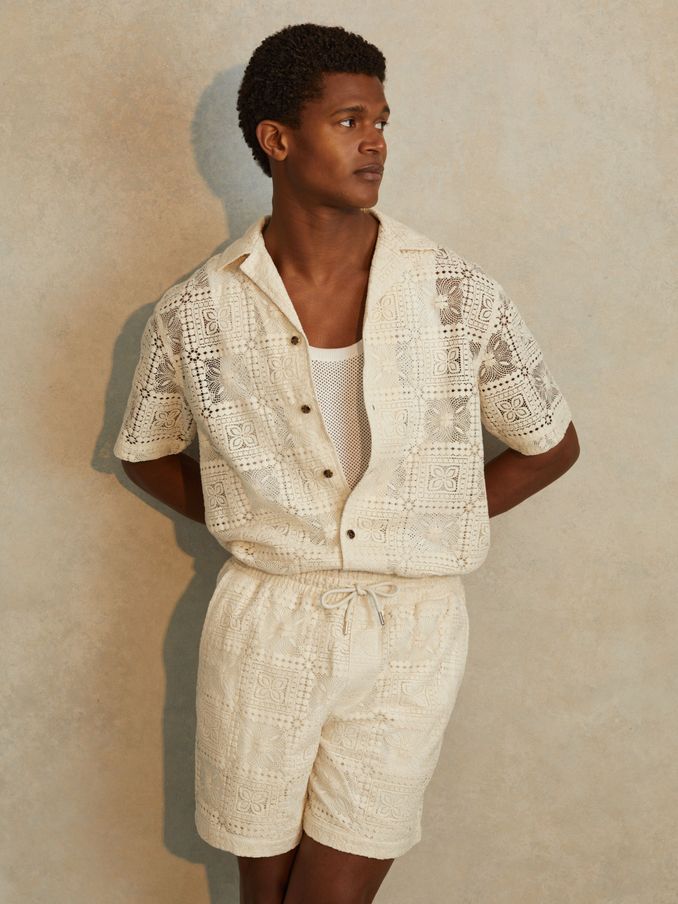 Crochet Cuban-Collar Shirt in Ecru (B27047) | €77