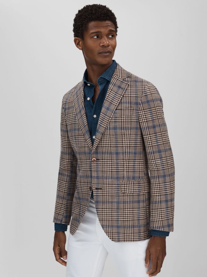 Oscar Jacobson Cotton Linen Single Breasted Check Blazer in Beige (B27180) | US$455