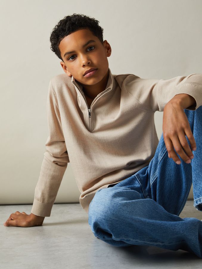 9-13 yrs Merino Wool Half-Zip Funnel Neck Jumper in Washed Stone (B27198) | €28