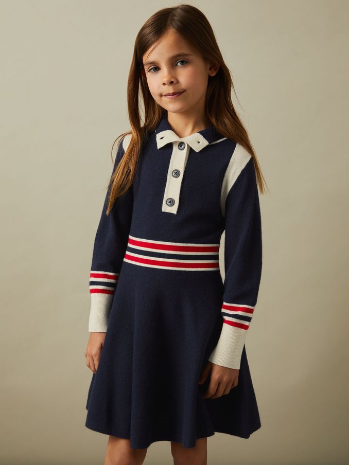 4-9 yrs Knitted Button-Through Funnel Neck Skater Dress in Navy (B28216) | US$65