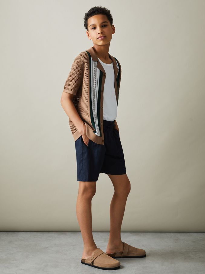 9-13 yrs Embroidered Cuban Collar Shirt in Camel/Green (B28807) | €35