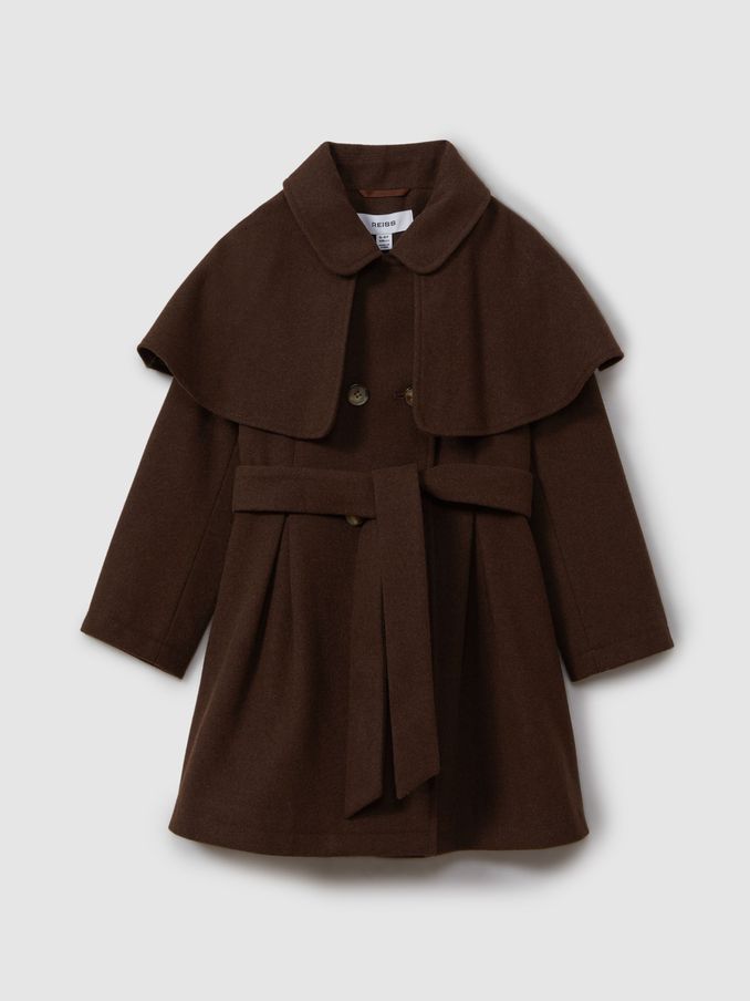 13-14 yrs Double Breasted Cape Coat with Wool in Chocolate (B28911) | US$105