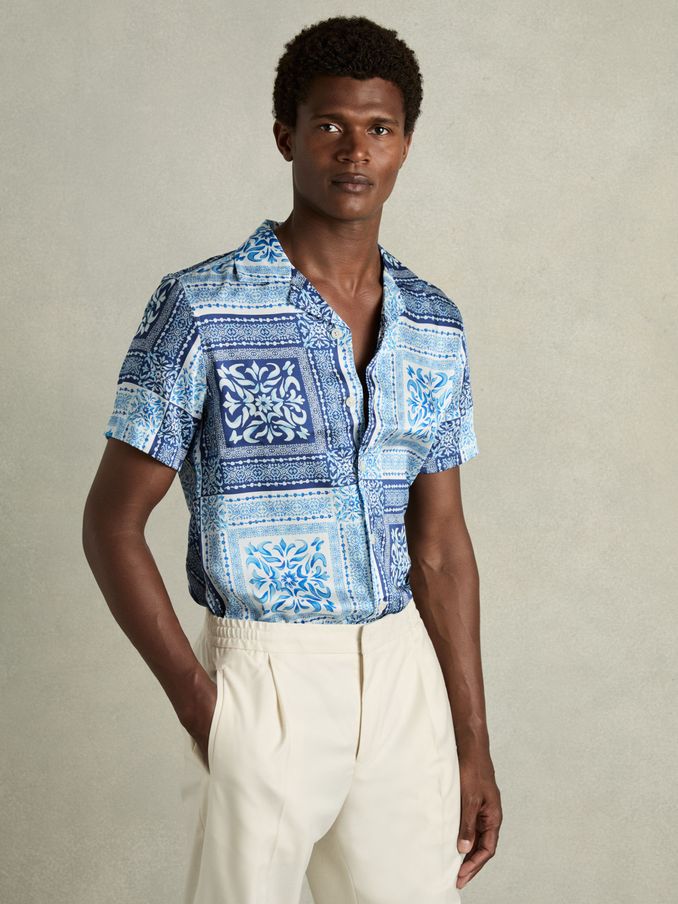 Nico Navy/White Satin Floral Cuban Collar Shirt (B28992) | US$38