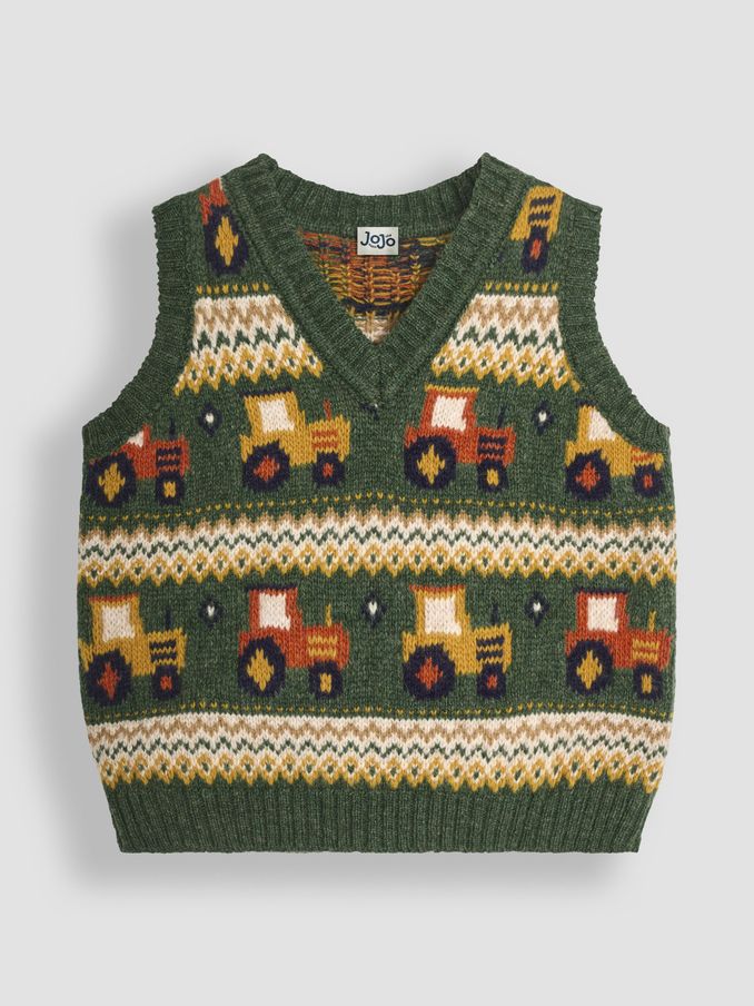 Khaki Green Tractor Knit Fair Isle Tank Top (B29354) | $27