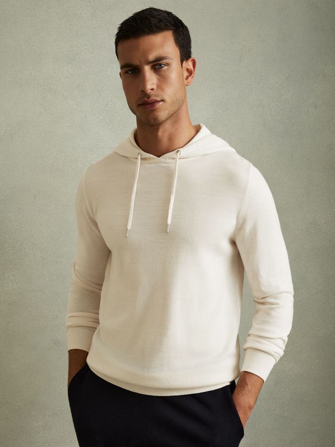 Merino Wool Drawstring Hoodie in Snow (B29470) | US$111