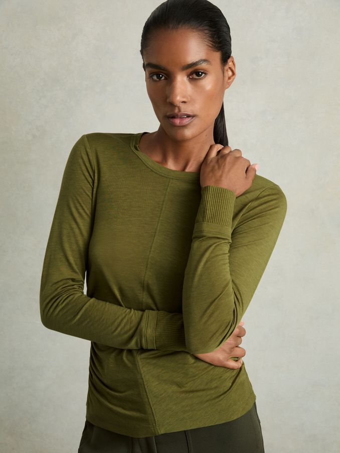 Ruched Side Crew-Neck Top in Green (B30283) | US$42