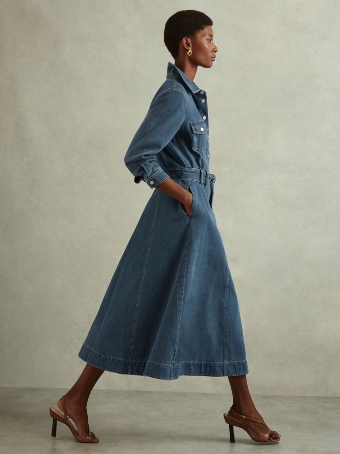 Belted Denim Midi Dress in Indigo (B30813) | €153
