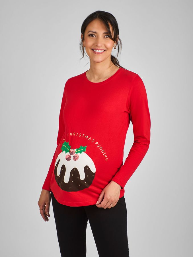 Red Maternity Christmas Pudding Cotton Top (B33815) | $51