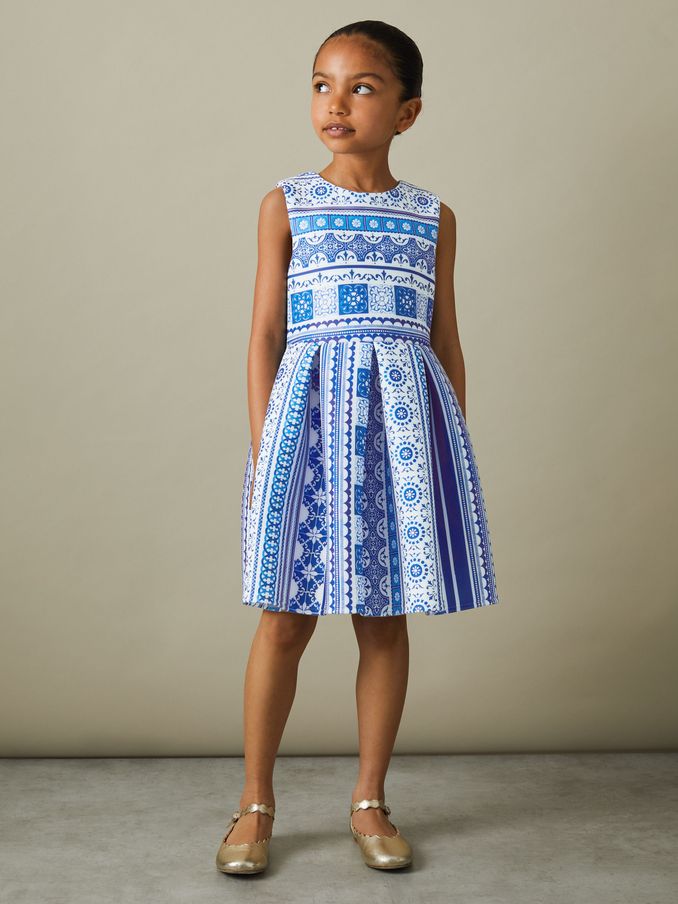 4-9 yrs Tile Print Scuba Fit-and-Flare Dress in Blue Print (B34810) | €43