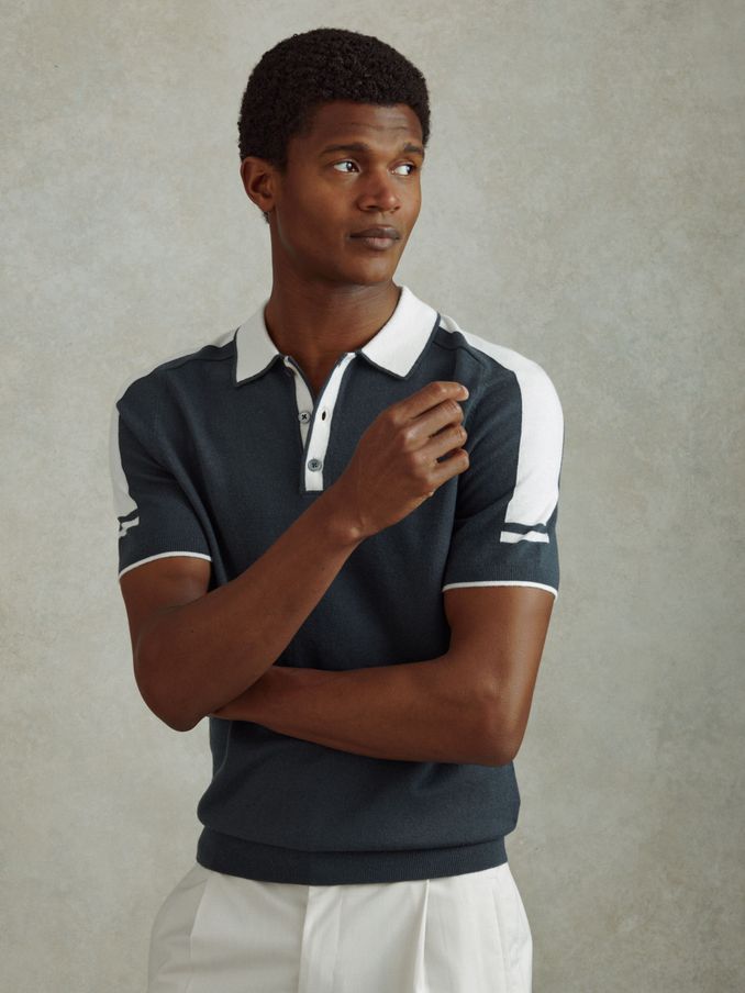 Wool-Cotton Contrast Polo Shirt in Steel Blue/ Off White (B35839) | €68