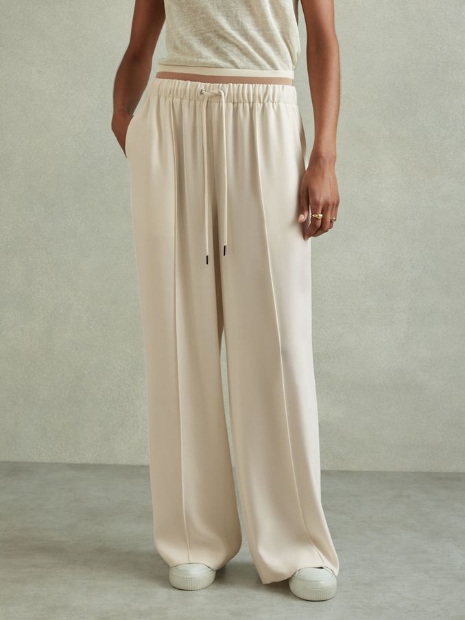 Petite Waistband Detail Wide Leg Trousers in Cream (B37268) | US$105