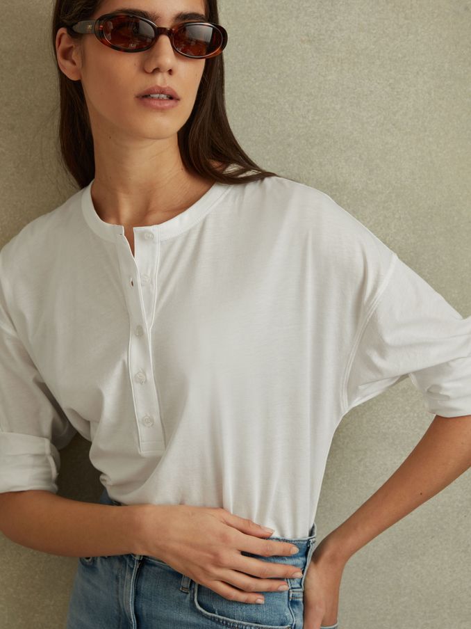 Cotton Henley Top in White (B37626) | US$29