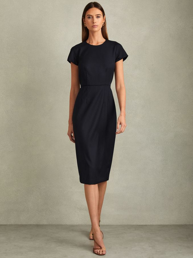 Textured Cap Sleeve Midi Dress in Navy (B37806) | HK$969