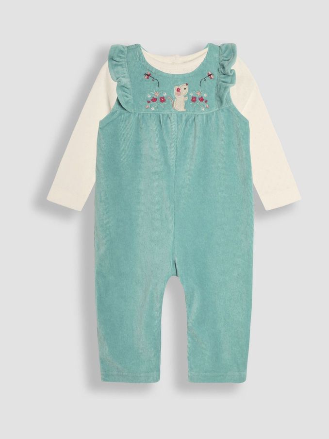 Duck Egg Mouse Appliqué Velour Dungarees and Top Set (B37989) | $48