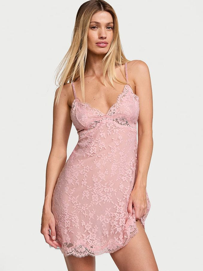 Chalk Rose Pink Twinkle Shine Strap Lace Slip Dress (B38085) | €98