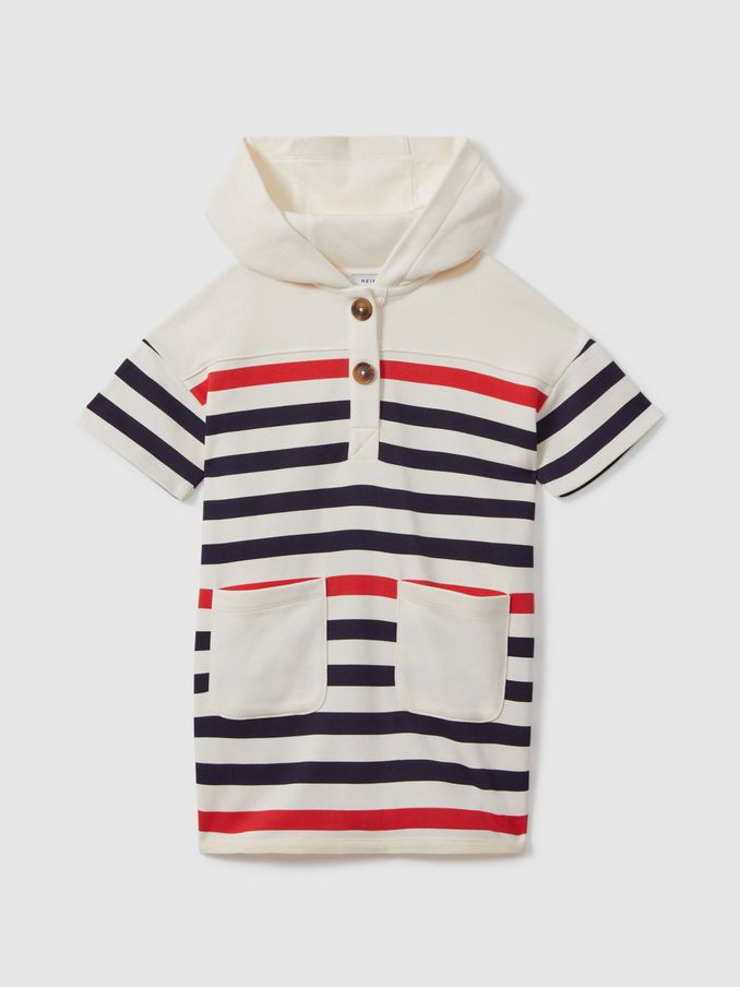 13-14 yrs Striped Jersey Hooded Dress in Ecru (B39008) | US$49