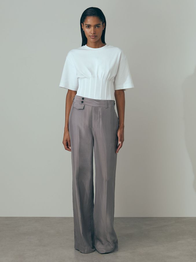 Atelier Wide Leg Waistband Detail Trousers in Grey (B39050) | US$244