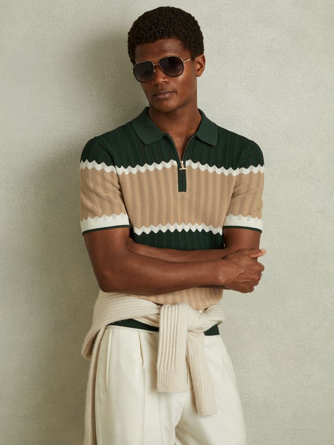 Alton Forest Green/Light Camel Knitted Zig-Zag Half-Zip Polo Shirt (B39706) | €98