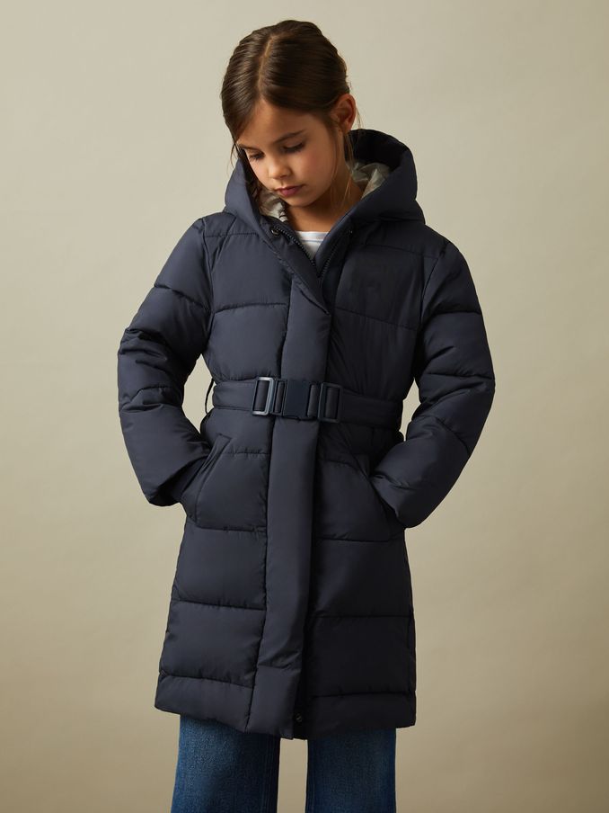 9-13 yrs Water Resistant Belted Puffer Coat in Navy (B41047) | US$121