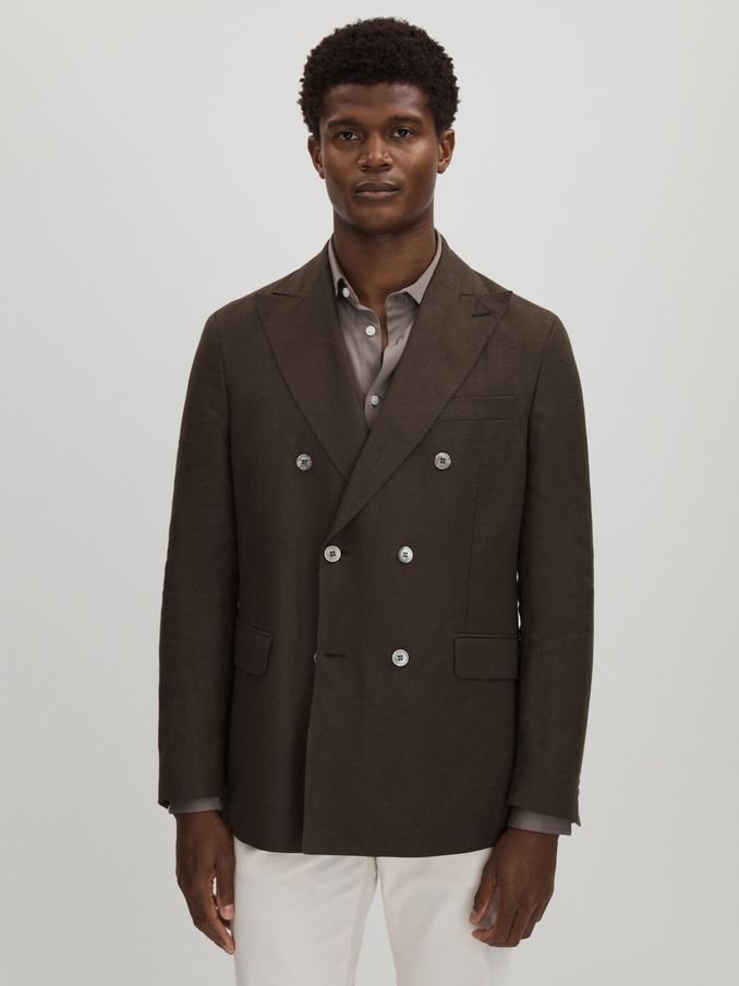 Oscar Jacobson Linen Double Breasted Blazer in Brown (B43428) | €320