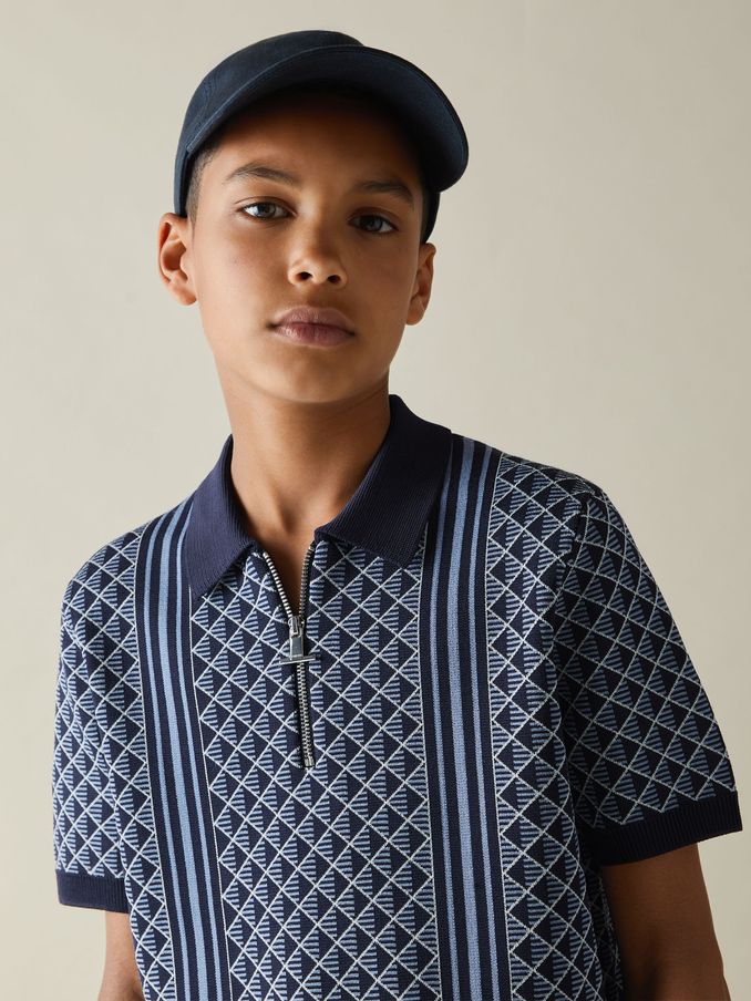 9-13 yrs Diamond Stitch Half-Zip Polo Shirt in Navy/Airforce Blue (B43700) | US$41