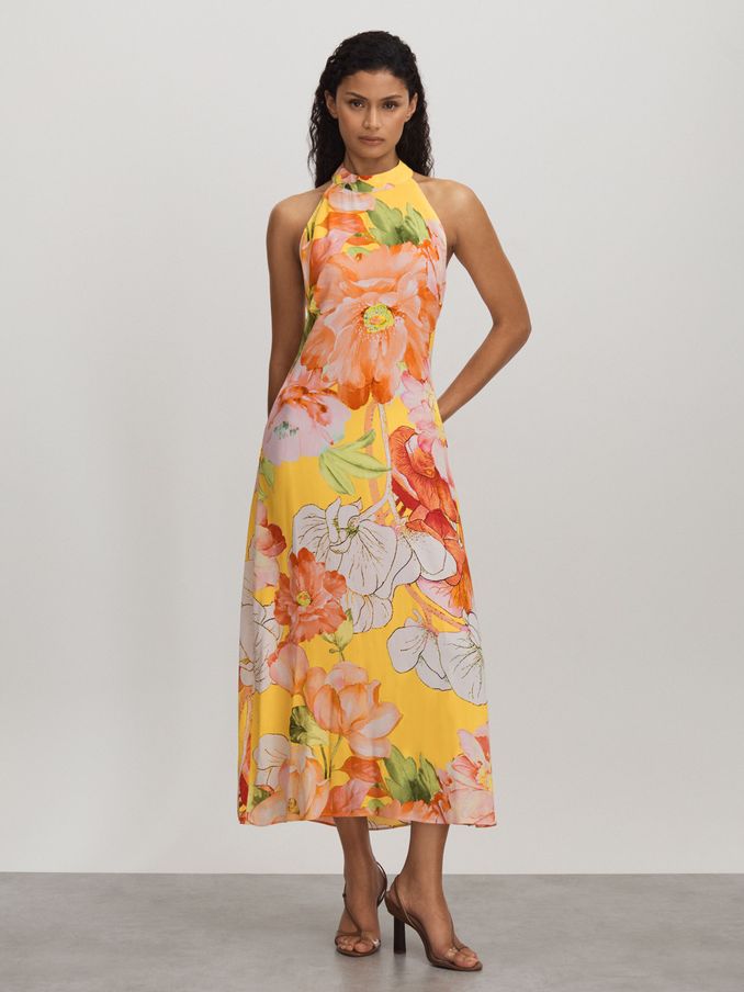 Raishma Silk Halter Neck Midi Dress in Pale Yellow (B44267) | €340