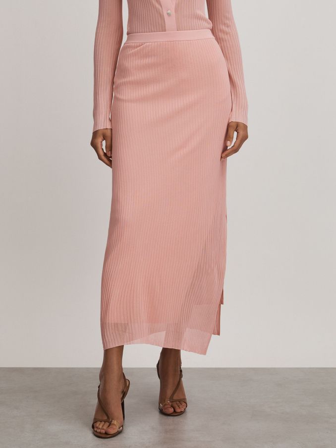 Carrie Pink Anna Quan Sheer Ribbed Knitted Midi Skirt (B45073) | €168