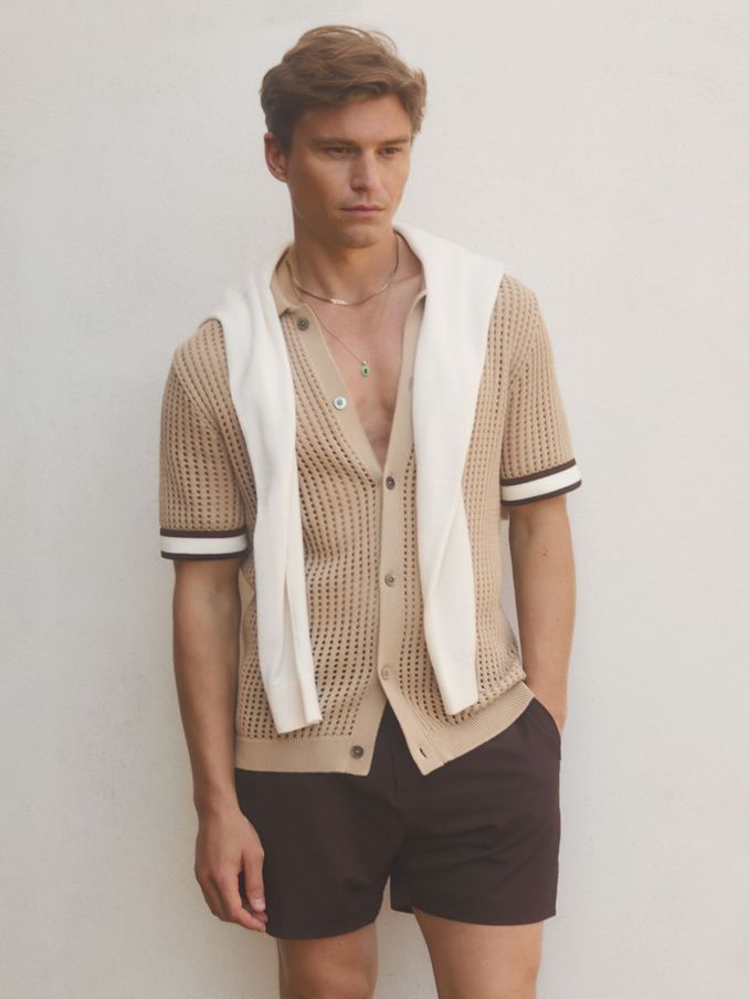 Reiss | Ché Open-Stitch Cuban Collar Shirt in Camel (B45771) | €145