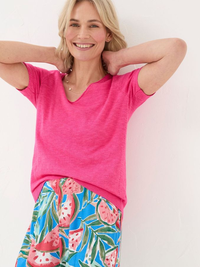 Pink Twisted Cuff Knit Cotton/Linen Mix T-Shirt (B46189) | $42