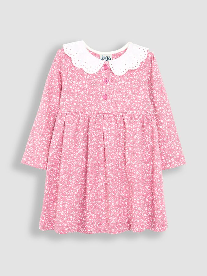 Pink Ditsy Floral Floral Broderie Collar Dress (B46890) | $25