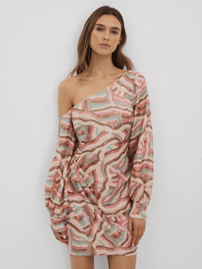 Halston Off-The-Shoulder Sequin Mini Dress in White Print (B47364) | 1,545 SAR