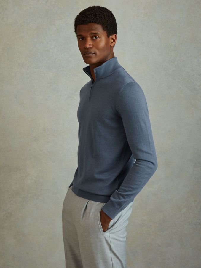 Merino Wool Half-Zip Polo Shirt in Airforce Blue (B47494) | €84