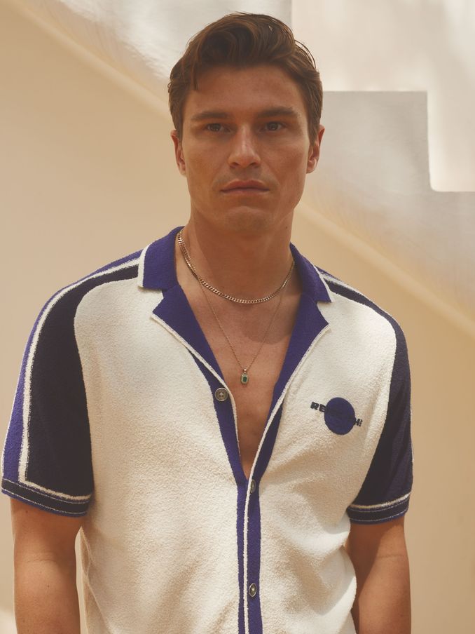 Reiss | Ché Towelling Cuban Collar Shirt in White/Blue (B47989) | US$83