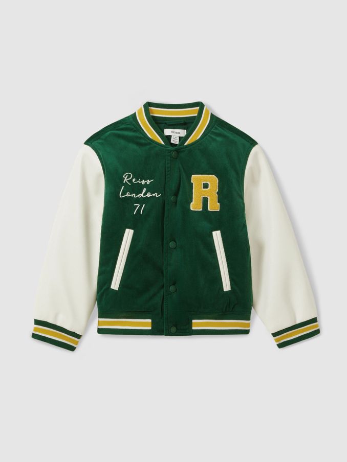 13-14 yrs Hybrid Cord-Faux Leather Varsity Bomber Jacket in Forest Green (B48218) | $71