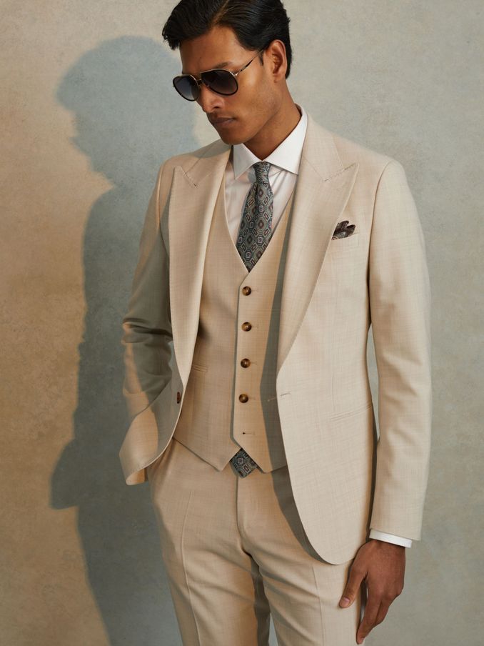 Slim Fit Single Breasted Waistcoat in Stone (B48335) | US$285