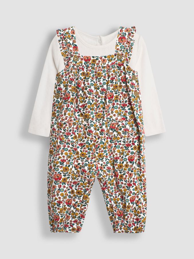 Mustard Yellow Autumn Floral Cord Dungarees & Top Set (B48865) | $28