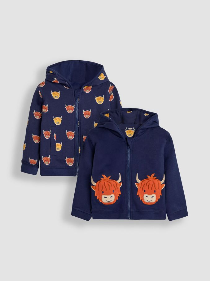 Navy Blue & Orange Highland Cow Appliqué Reversible Hoodie (B49070) | $16