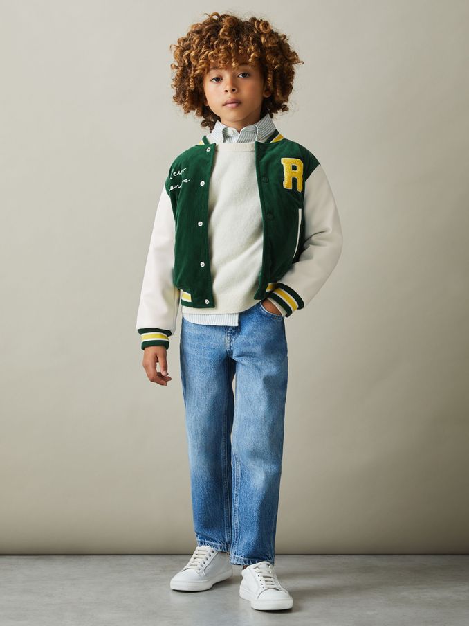 3-9 yrs Hybrid Cord-Faux Leather Varsity Bomber Jacket in Forest Green (B49804) | $73