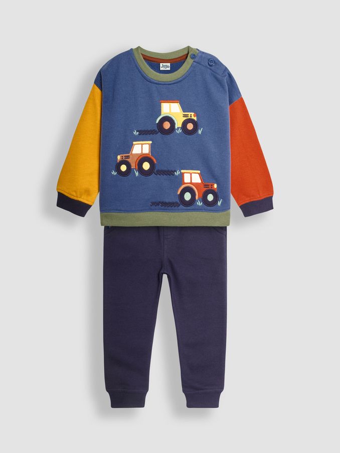 Denim Blue Tractor Colour Block Appliqué Sweatshirt & Jogger Set (B50304) | $22