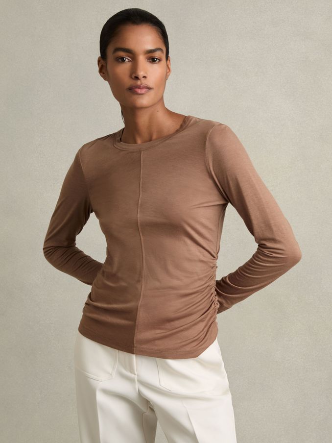 Ruched Side Crew-Neck Top in Mink (B50890) | €36
