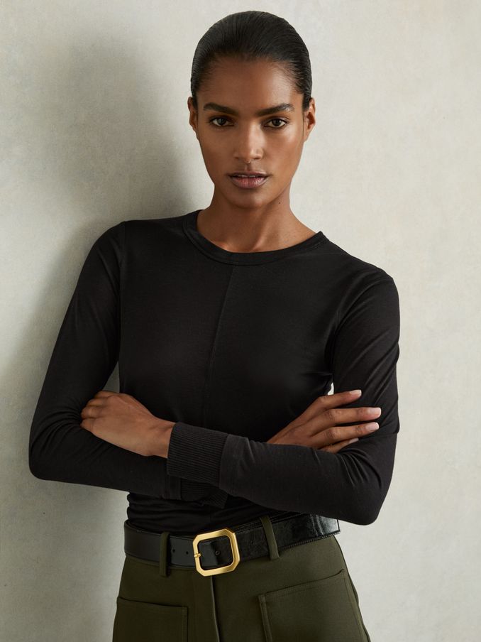 Ruched Side Crew-Neck Top in Black (B51468) | US$42