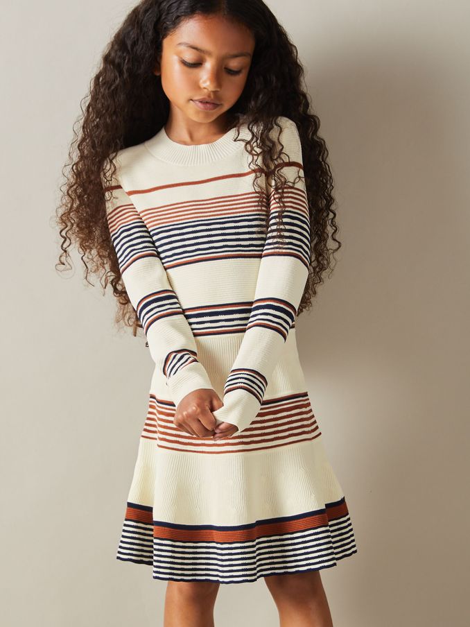 9-13 yrs Knitted Striped Skater Dress in Camel (B51490) | $78