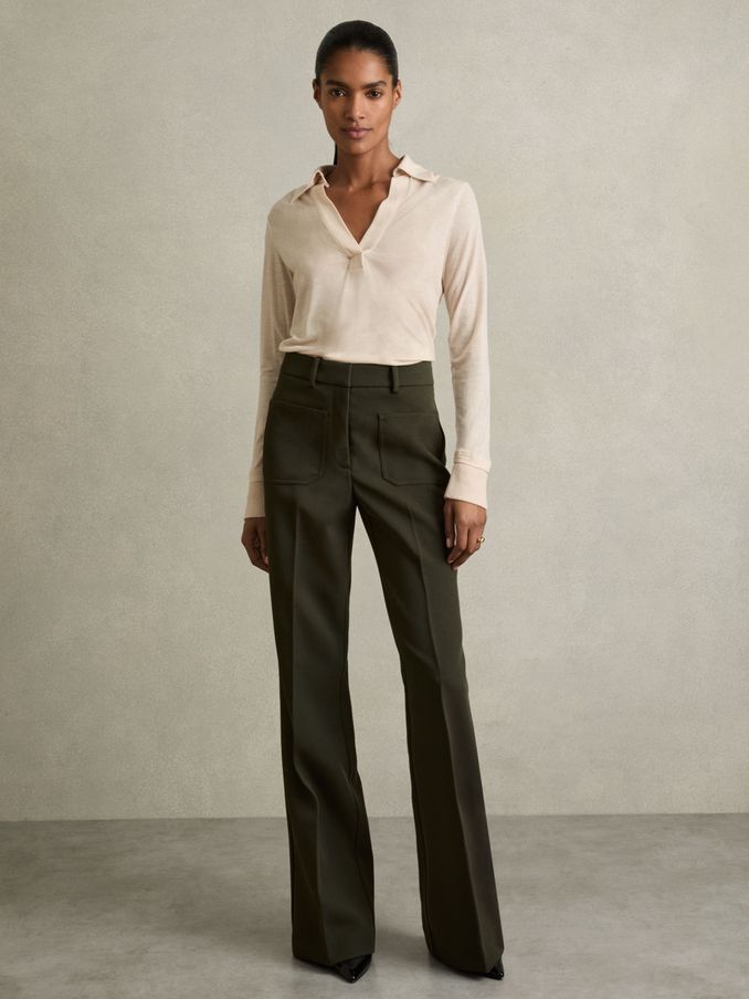 Lyocell-Wool Open-Collar Top in Stone (B53015) | $77