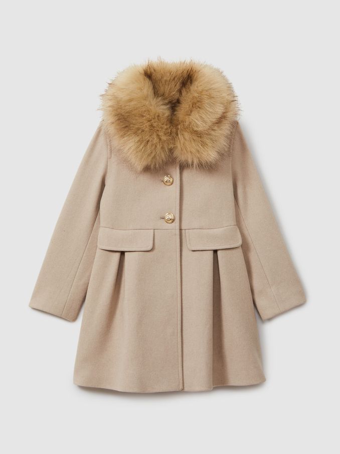 13-14 yrs Faux Fur Collar Wool Blend Coat in Oatmeal (B53816) | €107
