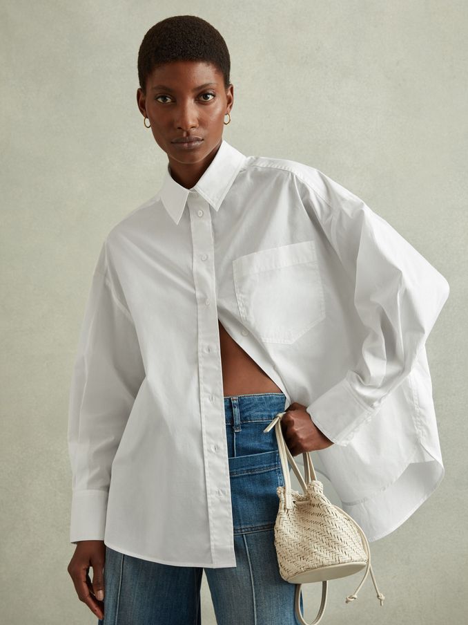 Oversized Cotton Button-Through Shirt in White (B54156) | US$62